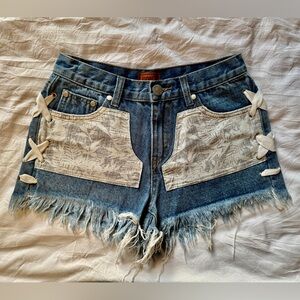 POL Denim Frayed Hem Shorts with front patch-work and Lace-Up Detail Brand New